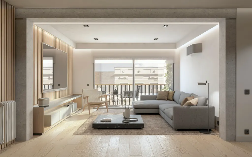Vivienda AvB52: salón enmarcado por un vano, con sofá gris y vistas