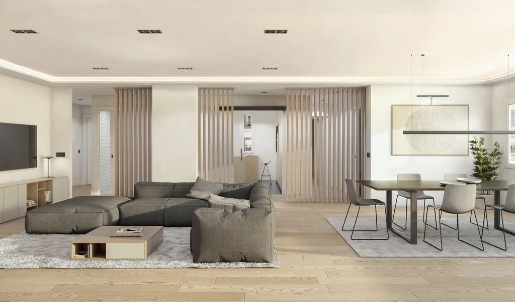 Vivienda GV8: salón amplio con paneles de listones de madera