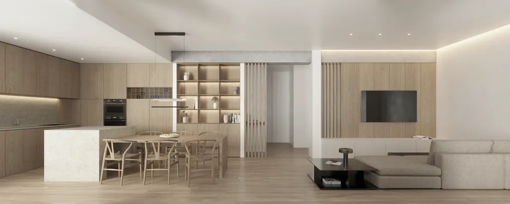 Vivienda HC7: cocina, comedor y salón en un mismo espacio