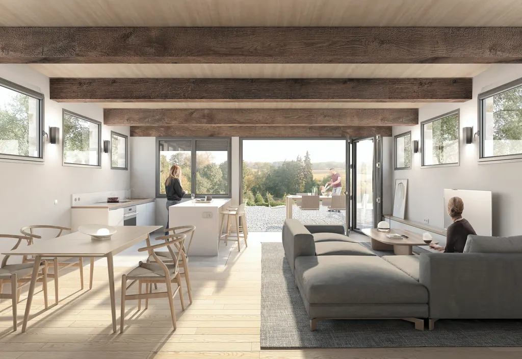 Vivienda OG3: salón comedor con vigas de madera