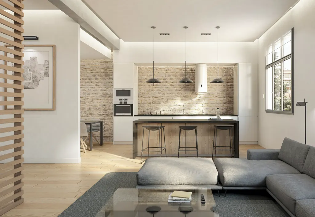 Vivienda Z80: salón con cocina abierta
